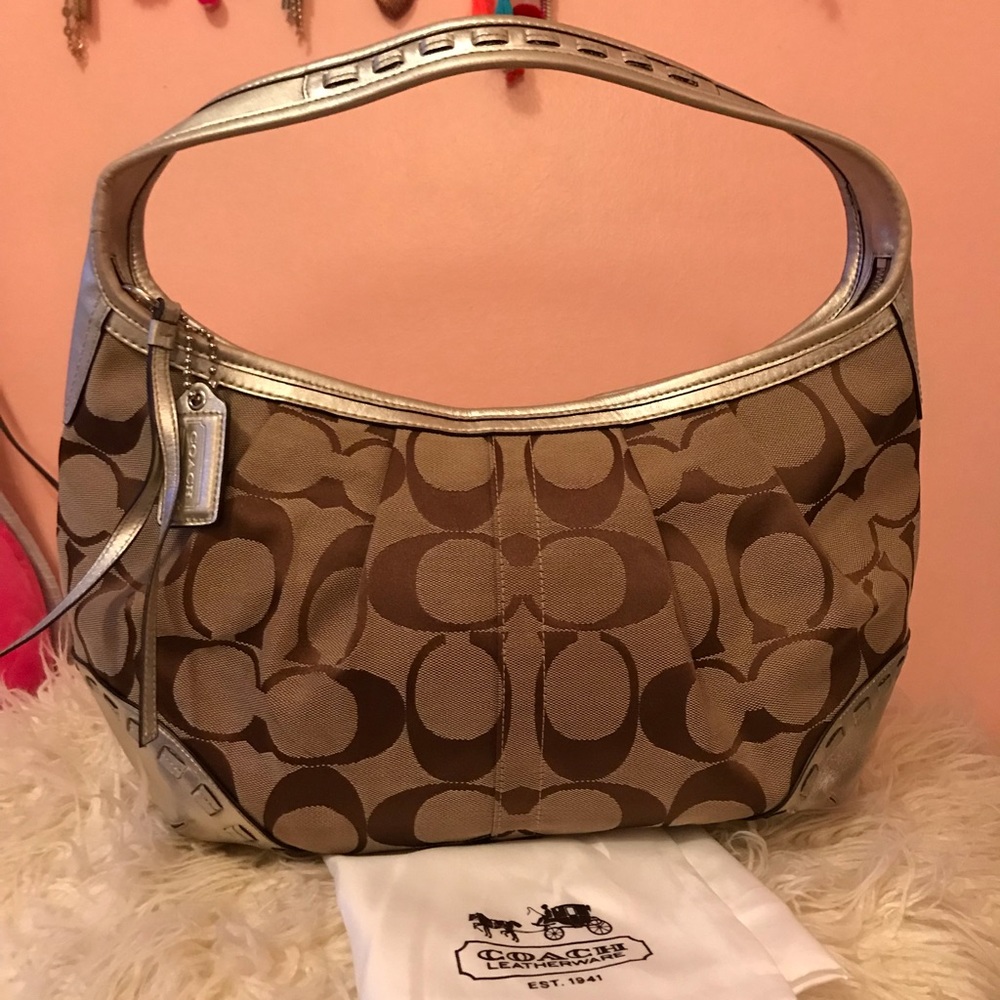 Coach Signature Fabric Hobo Silver Leather Accents